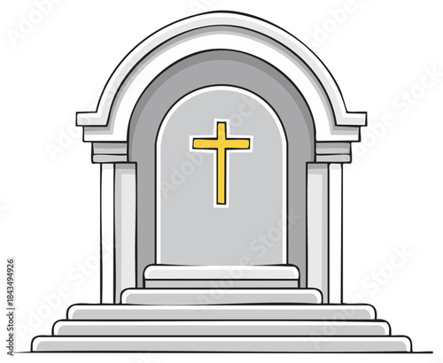 Simple Architectural Archway With a Yellow Cross Emblem and Steps