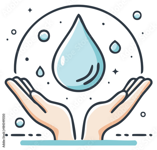 Hands cradling a large water droplet with smaller droplets and stars symbolizing conservation and purity
