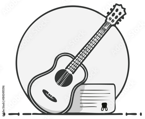 Stylized acoustic guitar with a case in a round frame musical icon