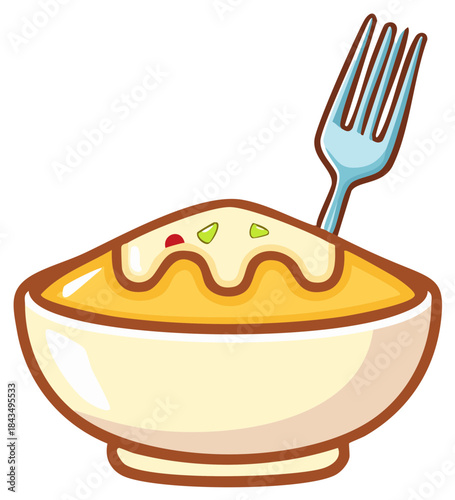 Bowl of Mashed Potatoes with Gravy and Fork Cartoon Vector