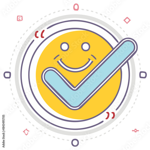 Checkmark on Happy Smiley Face Icon Symbolizing Positive Approval and Complete Success