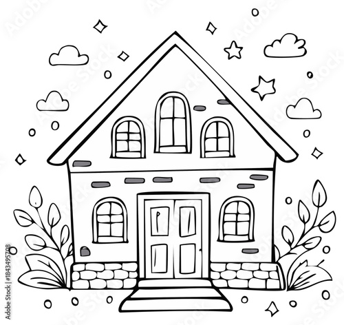 Hand-drawn cartoon house with clouds and stars for coloring book or illustration, home with windows and door