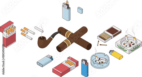 Smoking accessories illustration, cigarettes lighter ashtray matches, tobacco items set, unhealthy habit concept, nicotine addiction awareness design
