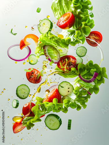 Fresh garden salad with flying vegetables for healthy living concepts