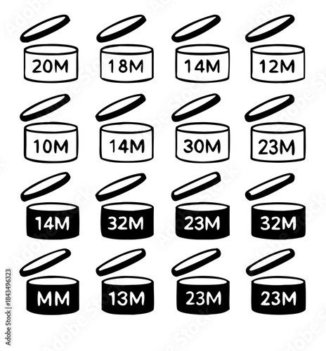 Expiration icons set, after product opening symbols 1M,3M, 6M, 9M, 12M, 24M, 36M. sign for label of product.