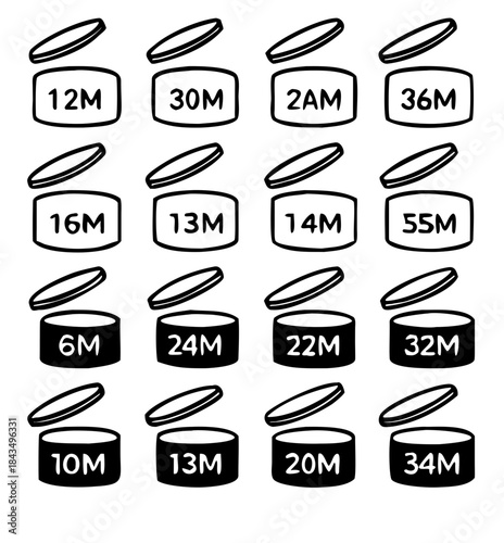 Expiration icons set, after product opening symbols 1M,3M, 6M, 9M, 12M, 24M, 36M. sign for label of product.