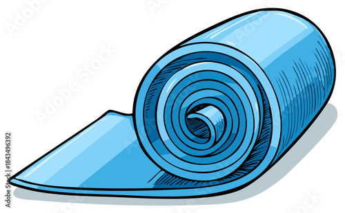 Rolled blue yoga mat illustration, isolated. Isolated drawing of a rolled mat for sport exercises.