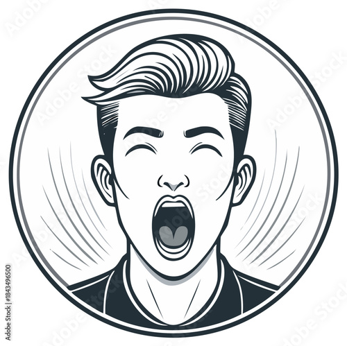Man yawning with wide open mouth inside a circle, monochrome illustration