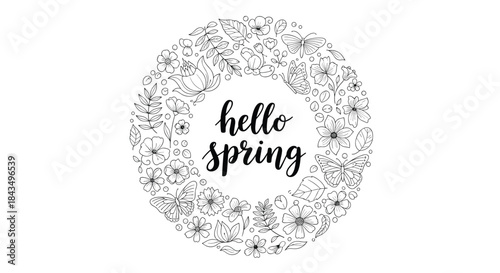 Black and white hand-drawn illustration of a circular spring wreath adorned with flowers, leaves, and butterflies, featuring 'hello spring' text.
