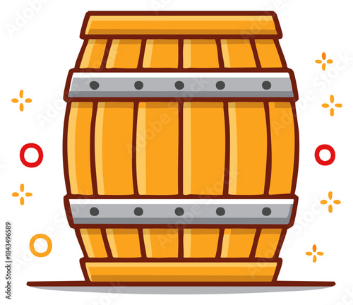 Wooden barrel with metal hoops and festive sparks illustration