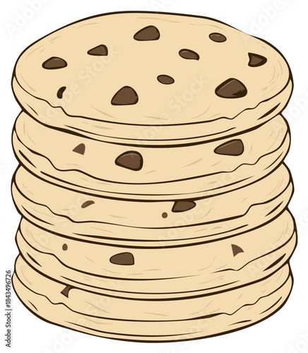 Stack of Four Cookies with Chocolate Chips, Baked Delicious Snack, Vector Illustration