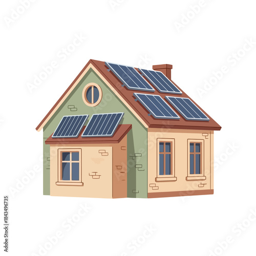 Modern home powered by clean solar energy panels on rooftop