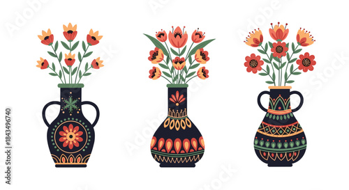 Stylized illustration of three dark vases featuring intricate folk art patterns and bright bouquets of red and orange flowers.