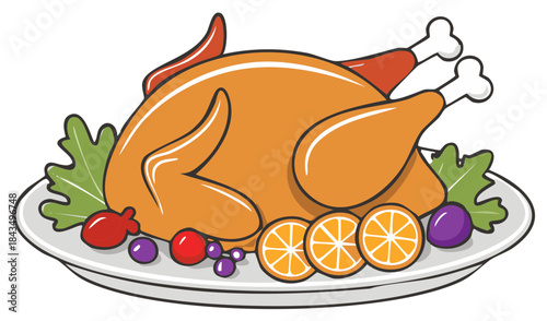Glistening Roasted Turkey with Festive Fruit and Greens on a Platter
