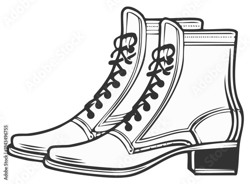 Retro fashion boots with laces in black and white illustration, isolated