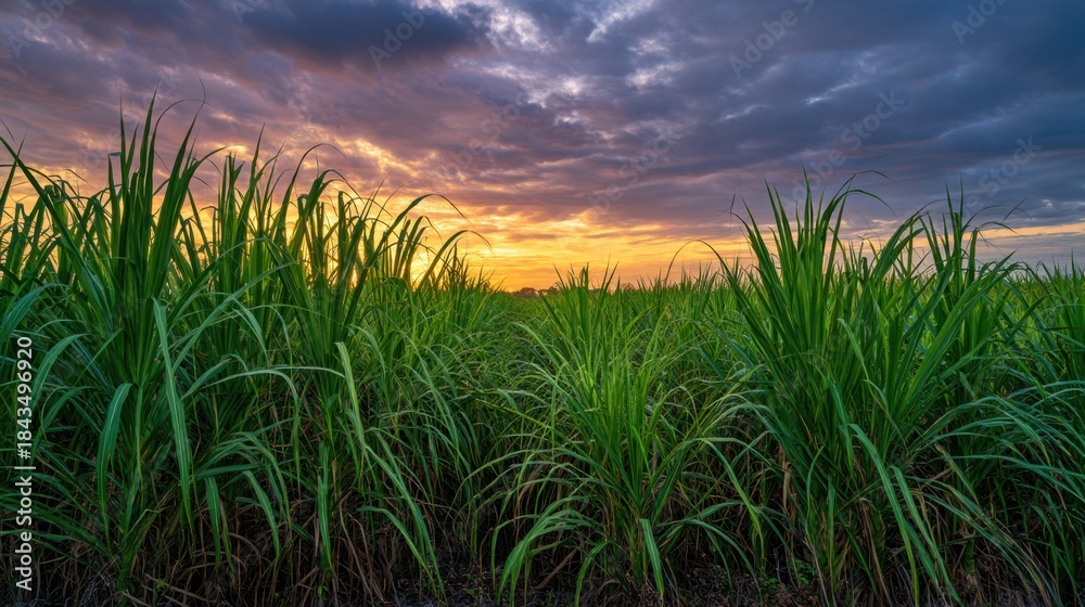 Obraz premium A sugarcane field shows tall green plants reaching for the sky. The sun sets behind the clouds casting warm colors across the landscape. Time is evening in a rural area.