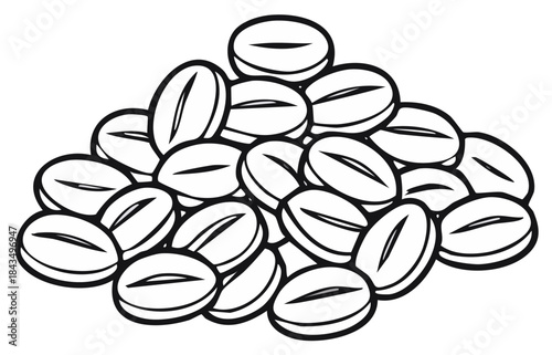Heap of coffee beans illustration, black and white line drawing
