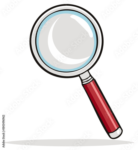 Magnifying glass with red handle and polished lens showing reflection