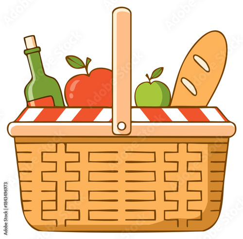 Picnic basket filled with apples bread and wine bottle illustration