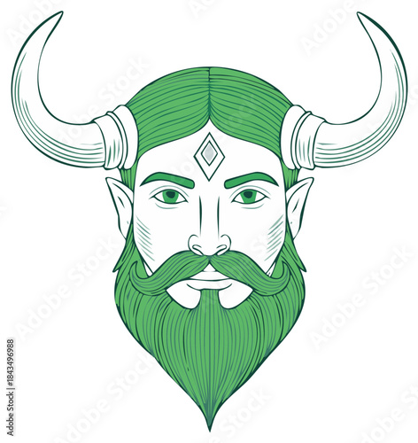 Fantasy Character Portrait Green Hair Horns Mystic Diamond Symbol Elf Like Humanoid Folklore