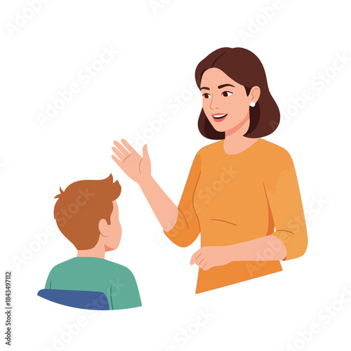 Woman kindly explaining something to a young boy in a conversation