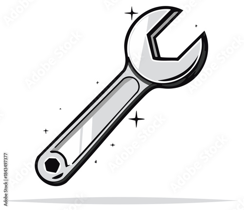 Cartoon Style Silver Wrench with Open and Box Ends and Shining Highlights