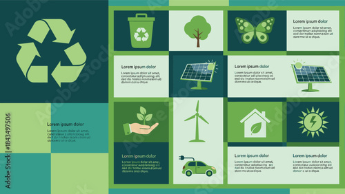 Eco infographic, green energy icons, sustainability concept, recycling symbol, solar panel, wind turbine, electric car, conservation, environment, nature
