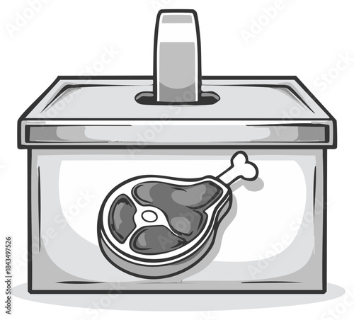 Cartoon illustration of a metal lunch box with a drawing of a meat drumstick.  Simple graphic of container with handle and food.