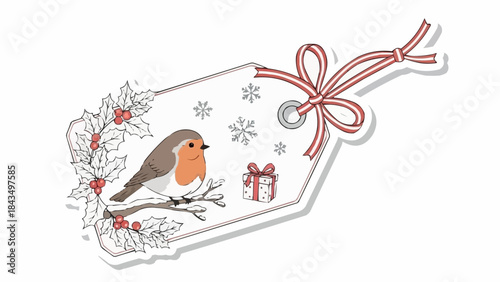 Christmas gift tag with robin red breast and holly