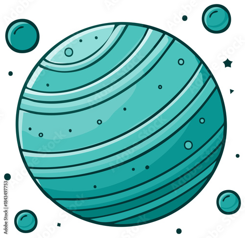 Cute cartoon teal planet with stripes craters and orbiting moons in outer space illustration