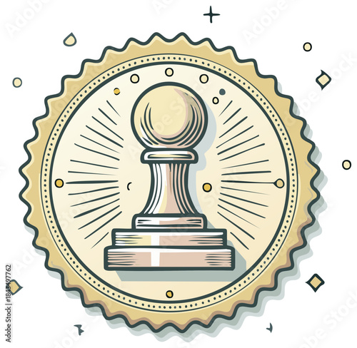 Vintage Chess Pawn Emblem with Radiant Sunburst and Decorative Border