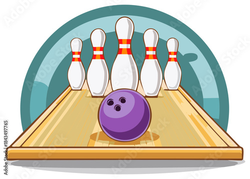 Bowling alley illustration with pins and a ball
