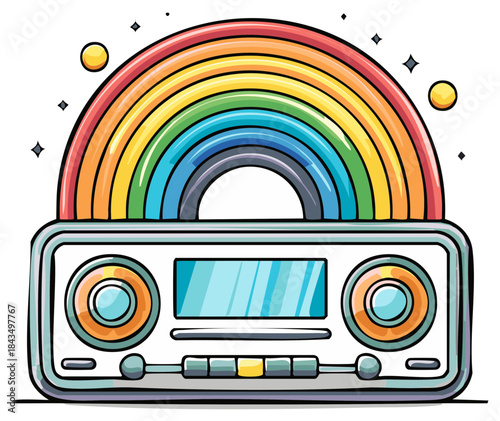 Vintage Radio with Rainbow Design, Illustration of Retro Style Music Player with Sound Waves in Colorful Spectrum