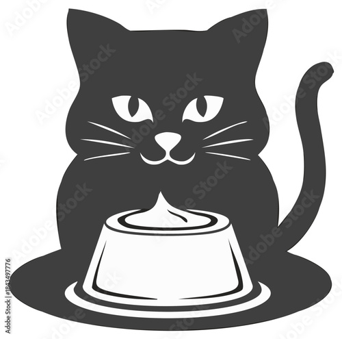 Silhouette of a Cat Looking at a Bowl of Cream Isolated on a White Background
