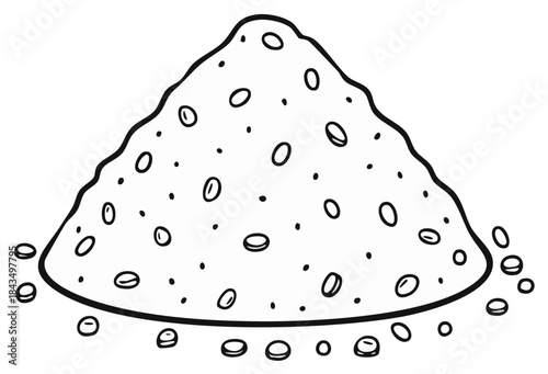 Simple Black And White Line Art Drawing Of A Small Pile Of Granular Material With Scattered Bits And Pebbles