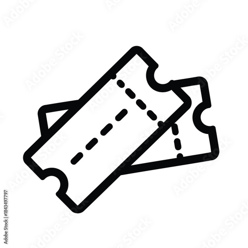 A simple black and white line art icon depicting two tickets overlapping, with perforated edges and dashed lines.
