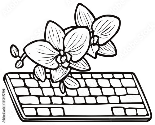 Minimalist Black and White Line Art Illustration of Delicate Orchids on a Computer Keyboard