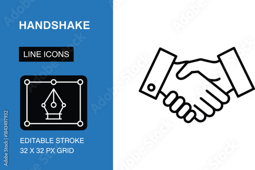 Handshake icon, business agreement, partnership symbol, editable stroke, vector outline, deal concept, line art, corporate trust, digital interface, collaboration graphic