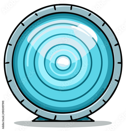 Blue futuristic device vector design, round metal frame with concentric circle center element, space age technology