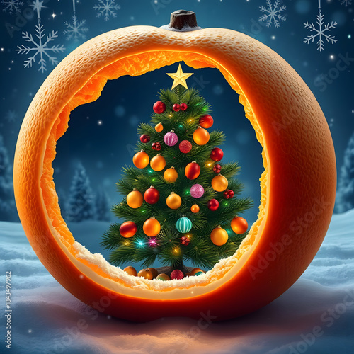 AI Orange Christmas Tale — Night. A giant hollow orange with a Christmas tree inside, decorated with fruits, glass ornaments and colorful lights, cozy winter evening, sparkling unique snowflakes outsi