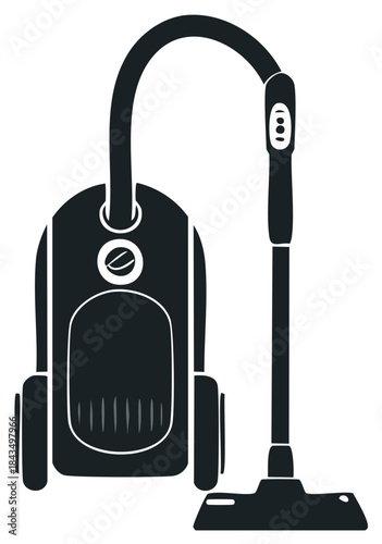 Simple black silhouette of a canister vacuum cleaner with hose and floor nozzle