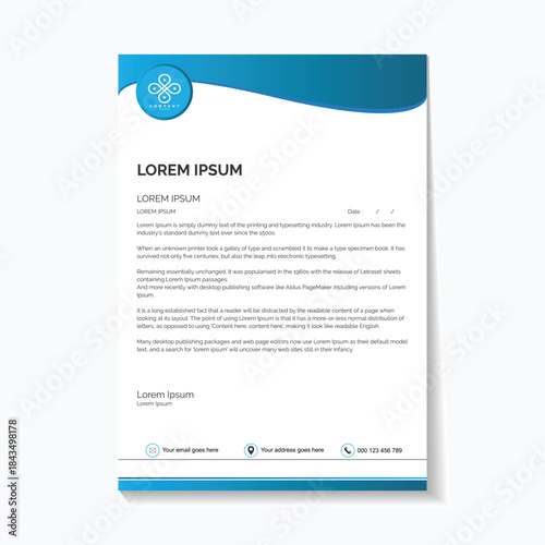 Modern business letterhead with blue design and Lorem Ipsum text