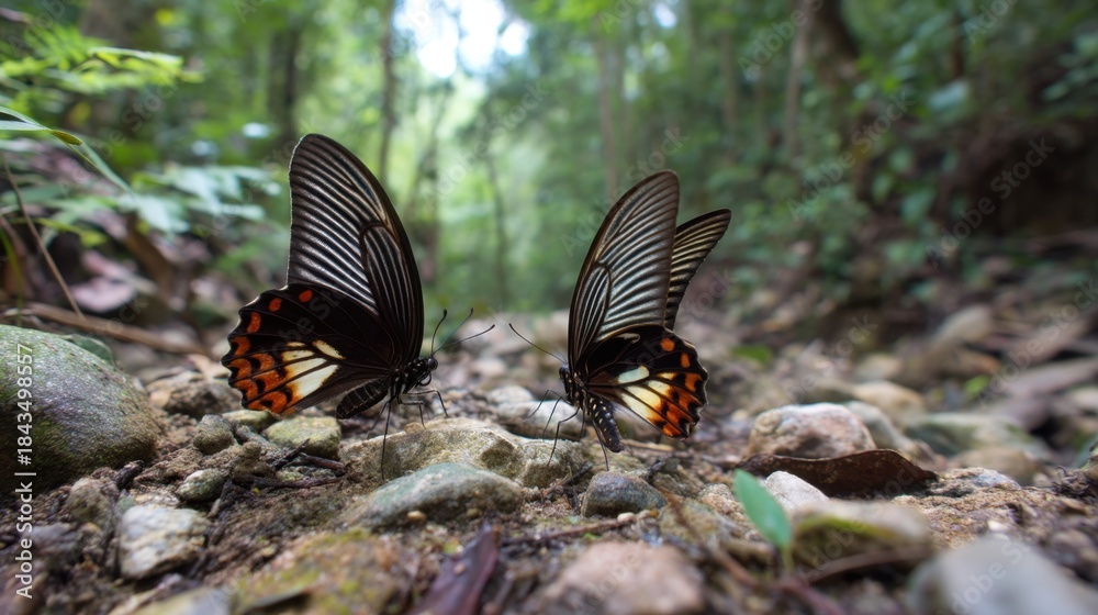 Obraz premium Two butterflies are sitting on a rocky ground. The butterflies are black and orange