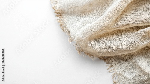 Raw linen fabric texture with natural frayed edges and loose weave pattern in neutral cream and beige tones perfect for organic textile background designs