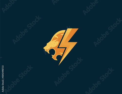 Powerful lion head and lightning bolt **logo** on dark background; a dynamic animal emblem