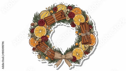 Vibrant Christmas wreath with cinnamon sticks and orange slices