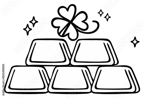 Doodle of a pyramid of gold ingots with a sparkling four leaf clover for St Patricks Day luck