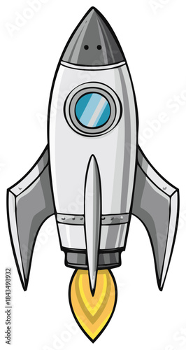 Cartoon rocket ship launching with fire exhaust in a classic comic book style illustration