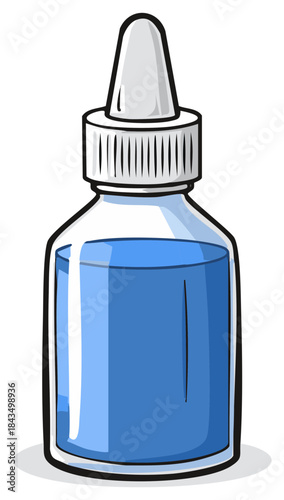 Clear glass bottle with blue liquid and dropper dispenser cap