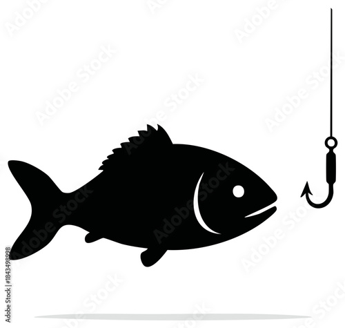 Black silhouette of fish swims towards hook lure in anticipation of being caught fishing concept